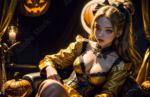Beautiful witch in black gothic Halloween costume. Halloween concept background. Beautiful girl halloween theme.