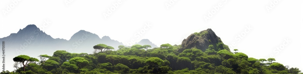 panorama mountain with tree isolate on white background, Generative AI