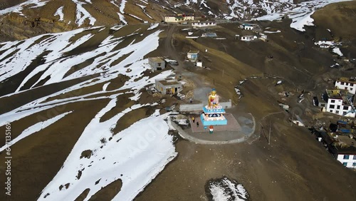 aerial view of famous landmark in Langza Buddha Statue in kaza spiti valley India  photo