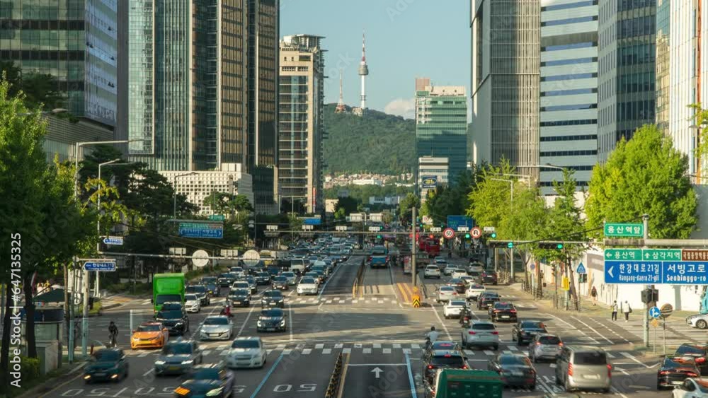 Timelapse Traffic at Daytime in Seoul City Center, Yongsan DIstrict, View Of Namsan Tower and High Skyscraper Buildings on Summer Day