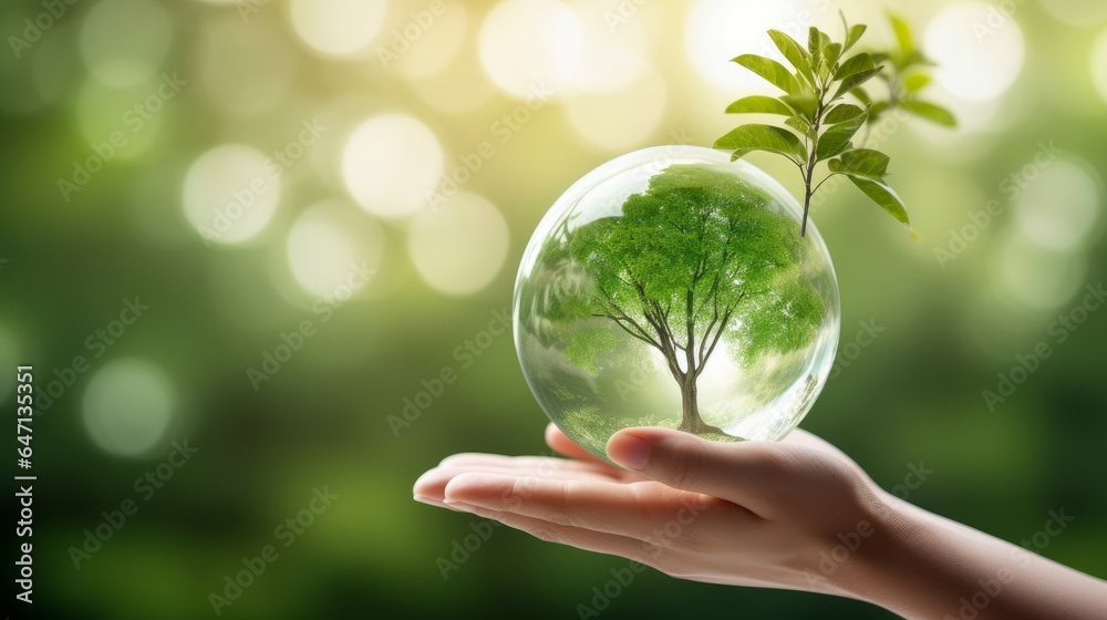 hand holding glass globe ball with tree growing and green nature ...