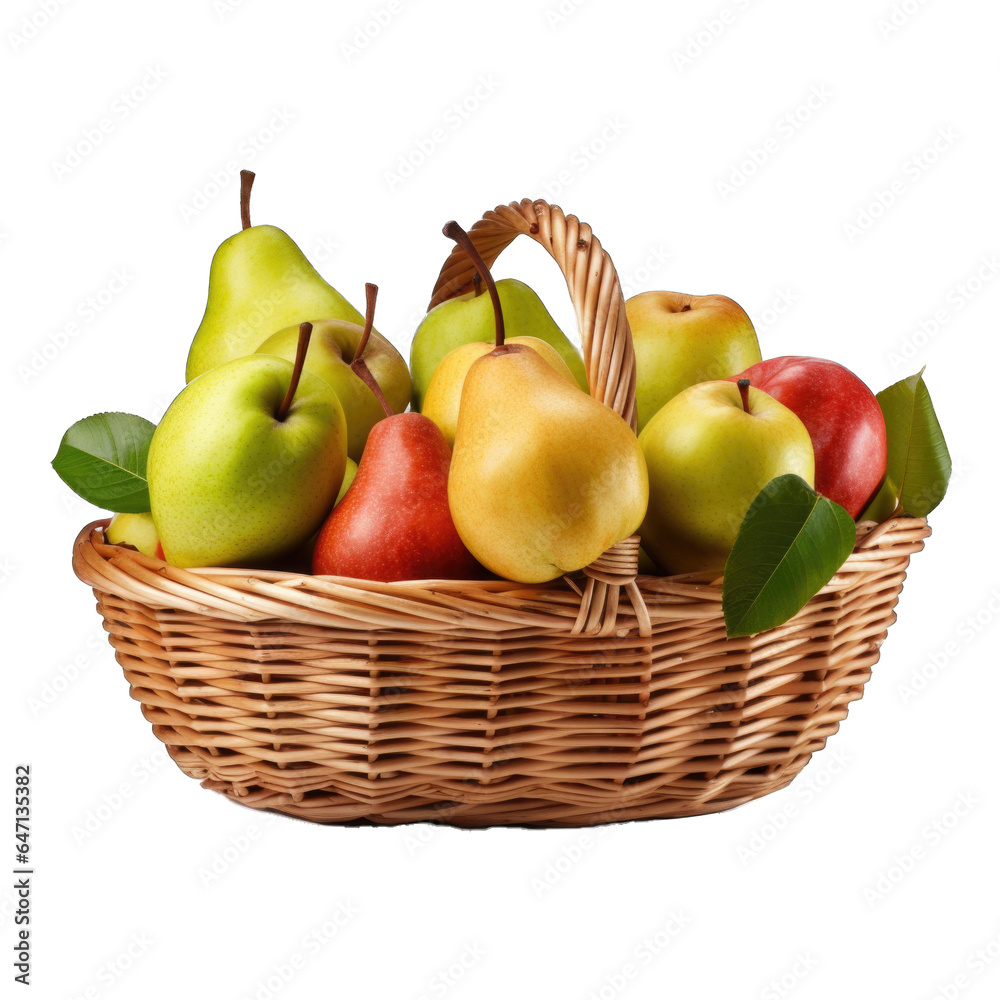 Pears and apples in a basket with wooden handles isolated on transparent background Pears and apples in a basket with wooden handles isolated on transparent background
