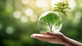 hand holding glass globe ball with tree growing and green nature background. eco environment concept, Generative AI