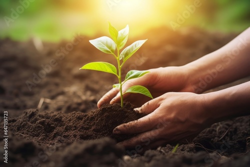 farmer three hand protection tree planting on soil with sunshine in garden, Generative AI