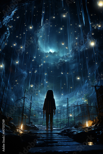 Girl with long hair in pajamas, standing with his back, in the field, on the night and looking to the sky in front of her, fool of colorful shaped constellations, magic night. AI Generative