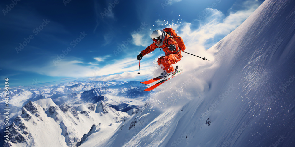 Skier doing stunts and jumps in the snowy landscape in action