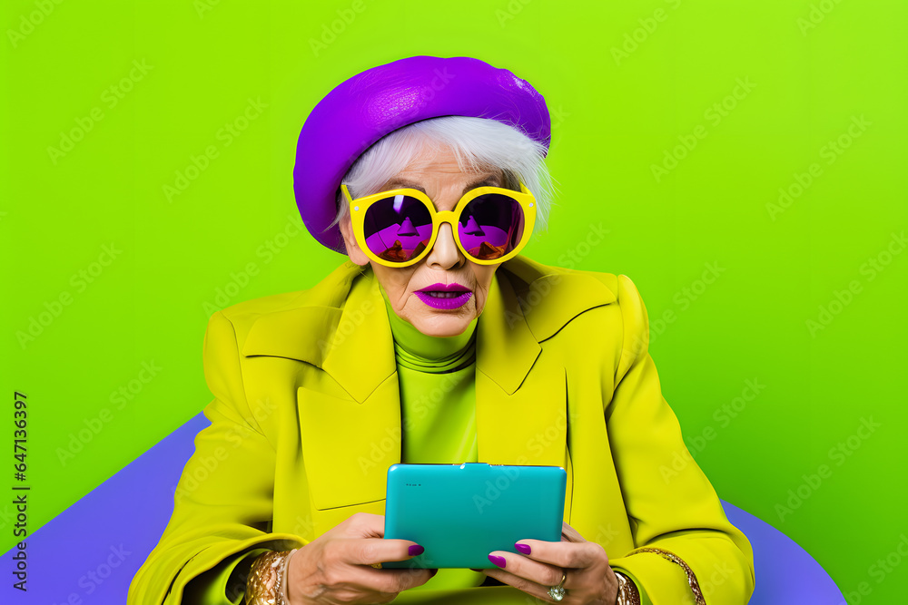 Colorful studio portrait of an old woman using modern day technology and gadgets. Bold, vibrant and minimalist. Generative AI