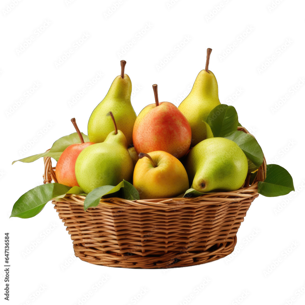 Pears and apples in a basket with wooden handles isolated on transparent background Pears and apples in a basket with wooden handles isolated on transparent background