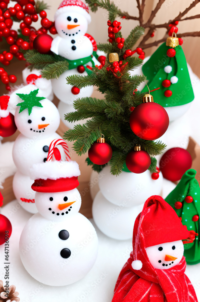Snowman and Christmas trees. Christmas image generative AI.
