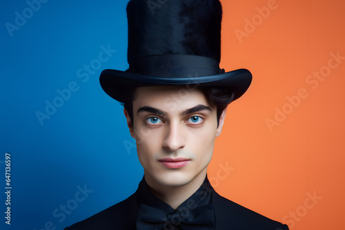 Colorful studio portrait of a young european man with a top hat, Coral & Midnight Blue. Generative AI