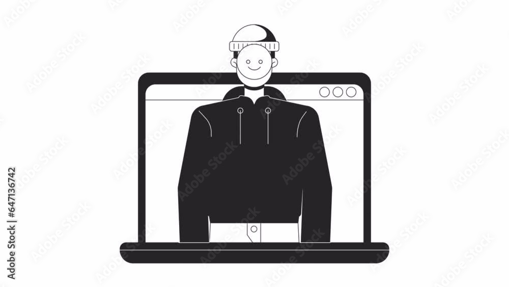 Fake online identity on notebook bw outline 2D animation. False impersonating profile on laptop 4K video motion graphic. Fraudulent monochrome linear animated cartoon flat concept, white background