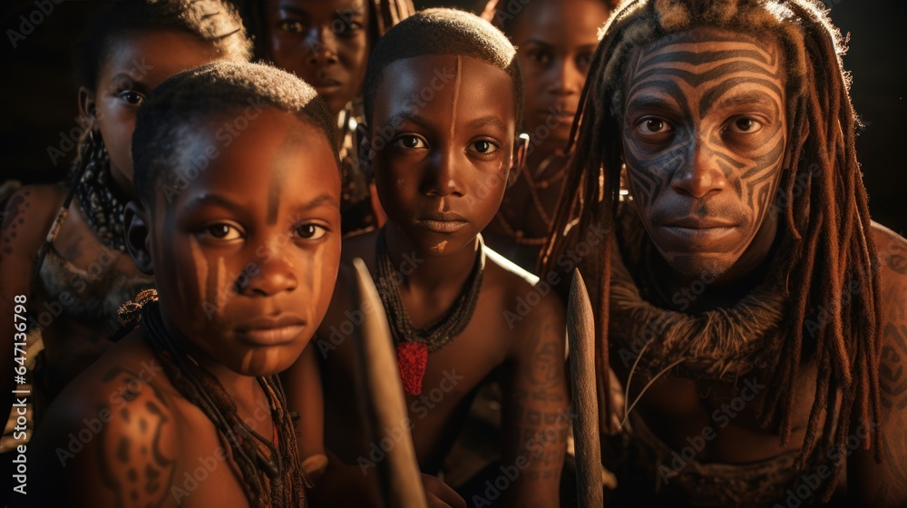 young people and children From an African tribe complete with cultural tattoos, cosmetics, and stone-wood spear weapons. Ethnic groups in Africa