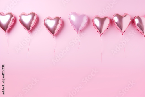 border of heart shape foil balloons on a pastel pink background for Valentines Day