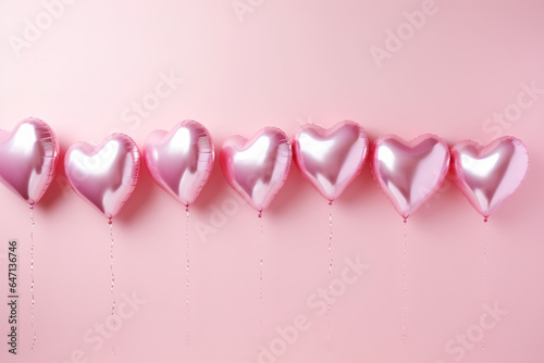 border of heart shape foil balloons on a pastel pink background for Valentines Day