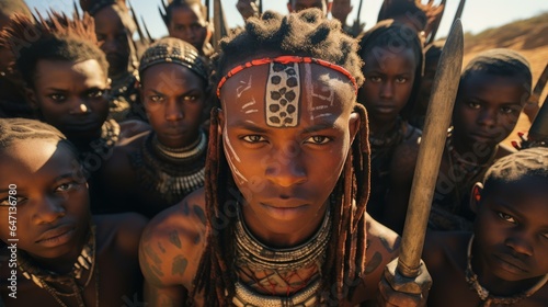 young people and children From an African tribe complete with cultural tattoos  cosmetics  and stone-wood spear weapons. Ethnic groups in Africa