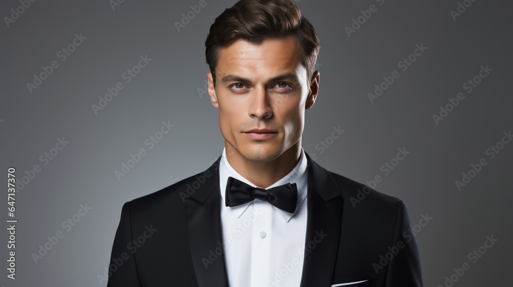 Close-up photo of a handsome young white American groom wearing a black wedding suit and bow tie. white studio Close-up photo of a handsome young white American groom wearing a black wedding suit and bow tie. white studio