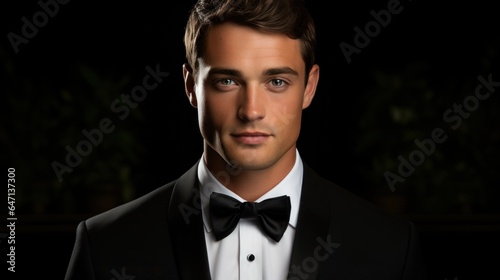 Close-up photo of a handsome young white American groom wearing a black wedding suit and bow tie. white studio