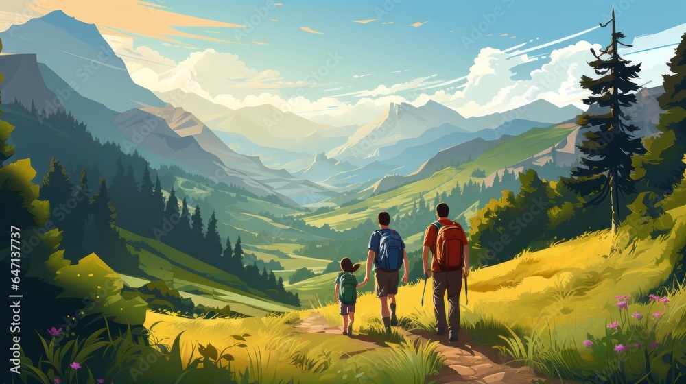 Family and friends hiking together in the mountains on a weekend trip. Take a walk amid America's beautiful nature.