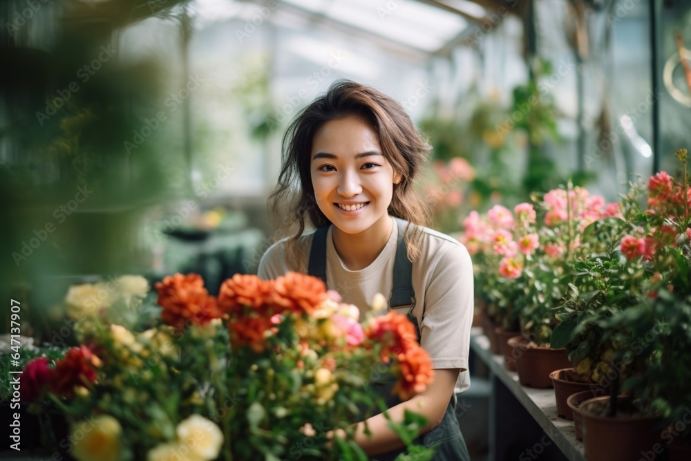 Asian woman planting flowers in a greenhouse Small business owner in a flower shop.