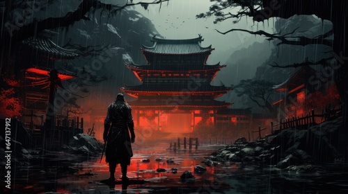 A great samurai with a sword stands in front of an old Japanese temple shrine. Rainy day and sky
