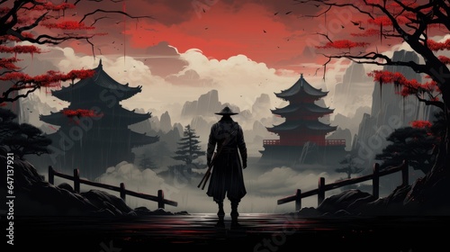 A great samurai with a sword stands in front of an old Japanese temple shrine. Rainy day and sky