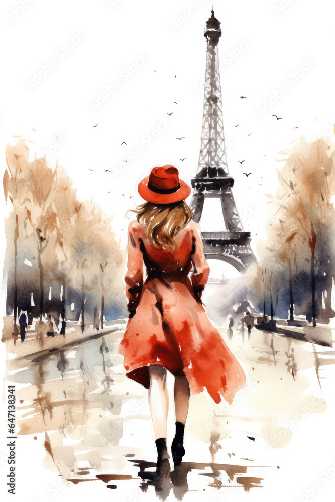 Nostalgia for old Paris: Watercolor illustration of a beautiful French woman near the Eiffel Tower - obrazy, fototapety, plakaty 