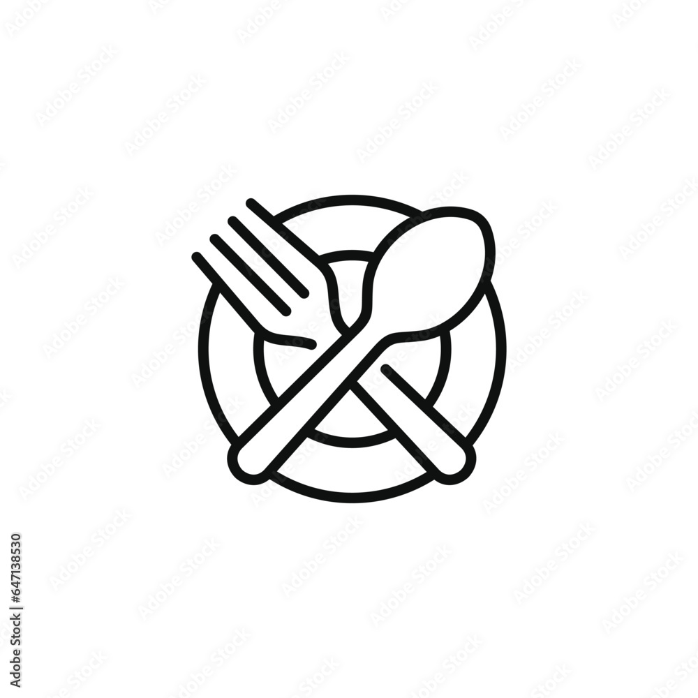 Restaurant line icon isolated on white background. Fork, spoon, and plate icon Restaurant line icon isolated on white background. Fork, spoon, and plate icon
