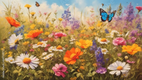 "Whispers of Spring: A Tapestry of Wildflowers and Butterfly Elegance"