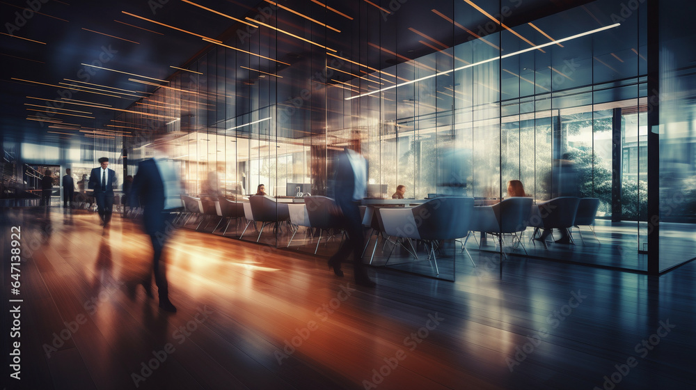 Corporate world in motion, blurred conference room, dark amber, indigo, luxurious professionalism.