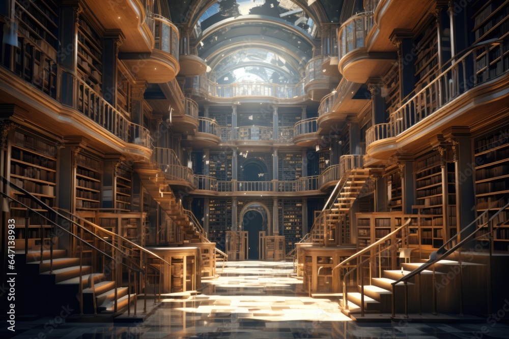 A Grand Library With Endless Shelves Panoramic Background