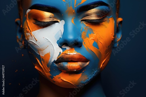 A Womans Face Painted In Blue And Orange Makeup Artistry, Facial Expression Interpretation, Color Theory In Art, Womens Identity In Art