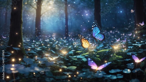 "Night's Enchanted Ballet: Fireflies and Butterfly Amidst Moonlit Dreamscape"
