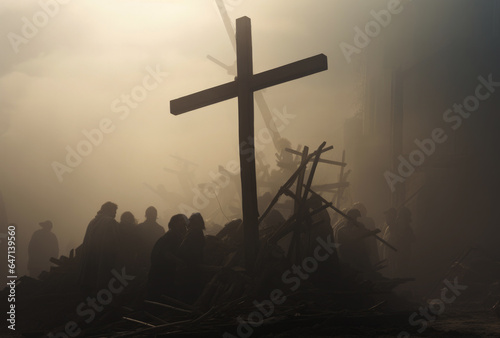 Horrors of war. Silhouette of the cross in the middle of the fog.