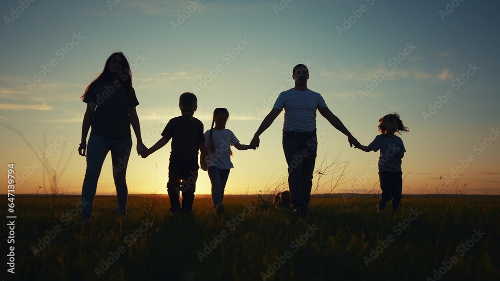 people in the park. silhouette lifestyle of a big happy family on a walk with a dog at sunset in a field in nature. happy family kid dream concept. big friendly family walk at sunset in the park