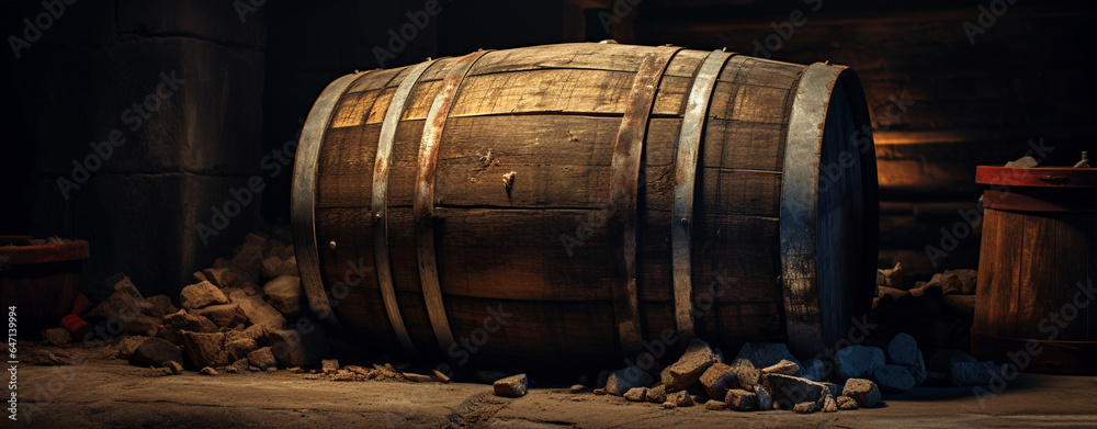 Wooden wine barrels in a cellar, creating an ambiance of rustic winemaking tradition Wooden wine barrels in a cellar, creating an ambiance of rustic winemaking tradition