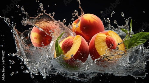 flying fresh peaches hit by water splash on black background and blur