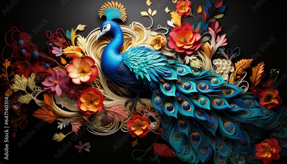 3D depiction of a peacock, emphasizing the intricate details of its iridescent feathers and its majestic, fan-like tail