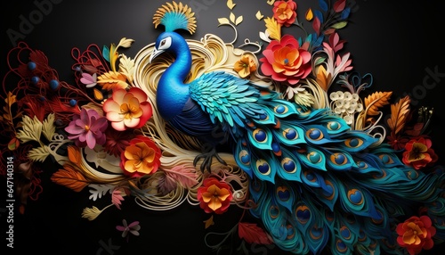 3D depiction of a peacock  emphasizing the intricate details of its iridescent feathers and its majestic  fan-like tail