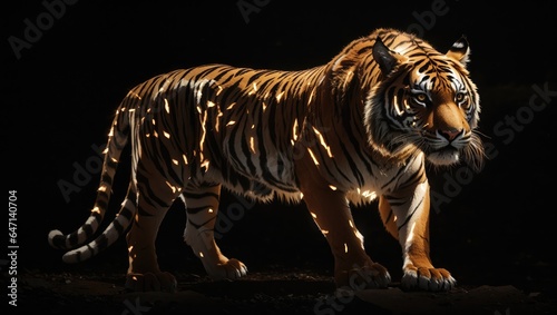 A fierce tiger illuminated by a single beam of light against a midnight sky. © Famahobi