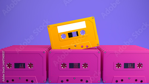 3d render. Vintage audio cassette tape of yellow color and pink on blue background. Music storage. Retro cartridge. SHOTLIST1990.