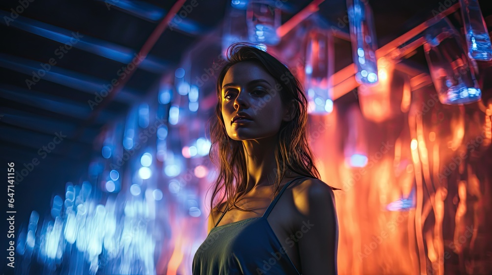 Model in a studio with multiple colored gel lights, creating a surreal multicolored ambiance.