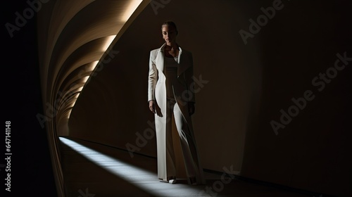 Model in a tunnel, illuminated by intermittent overhead lights, emphasizing shadows and highlights