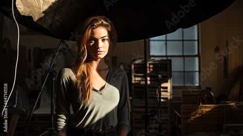 Model in an art studio, lit by an old-fashioned overhead industrial lamp, casting deep shadows.