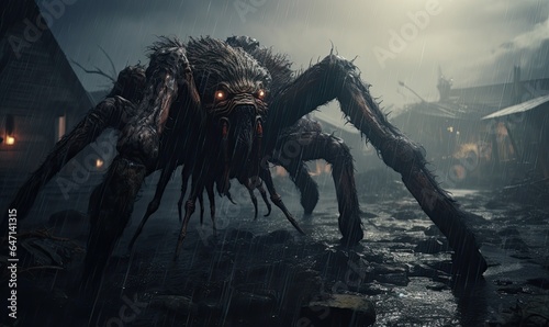 Photo of a giant spider with glowing eyes in the rain