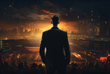 Back View of Businessman Standing on Stadium with Cityscape Background at Night AI Generative