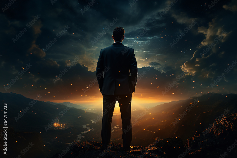 Back View of Businessman Standing on Rocks with Nature Landscape at Sunset AI Generative