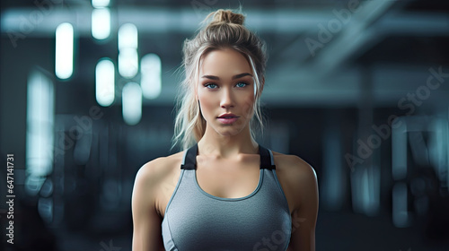 a Beautiful young woman wearing fitness fashion in a gym. Generative Ai © tong2530