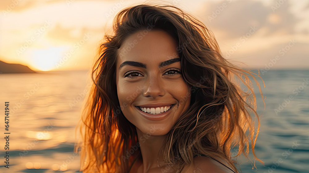 a smiling beautiful young woman vacationing on the sea , summer vacation. Generative Ai a smiling beautiful young woman vacationing on the sea , summer vacation. Generative Ai
