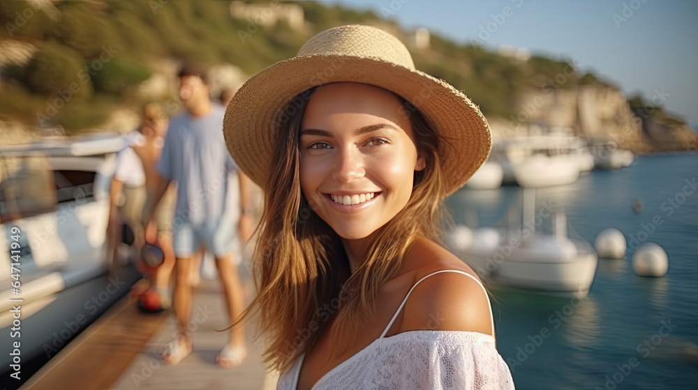a smiling beautiful young woman vacationing on the sea , summer vacation. Generative Ai