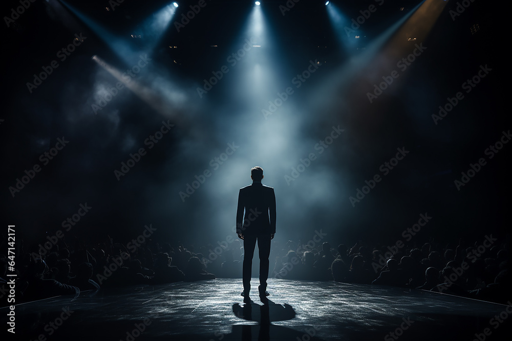 Silhouette of Successful Businessman Standing Confidently on Stage with Spotlights AI Generative